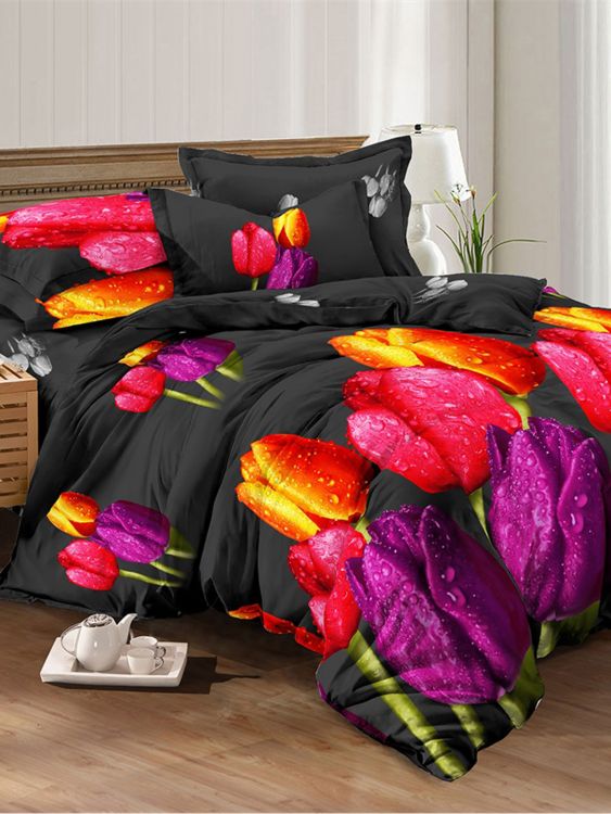 Постельное белье поплин эксклюзив - Тюльпаны на черном